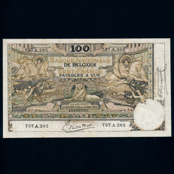 BELGIUM-⿡-P780-CERES(ɷ),LION()-100 FRANCS-1919
