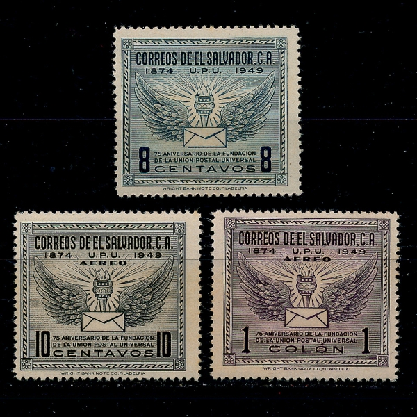 EL SALVADOR(ٵ)-#613,C122~3(3)-UPU,TORCH,WINGED LETTER(Ϲ  ,ȶ,)-1949.10.9